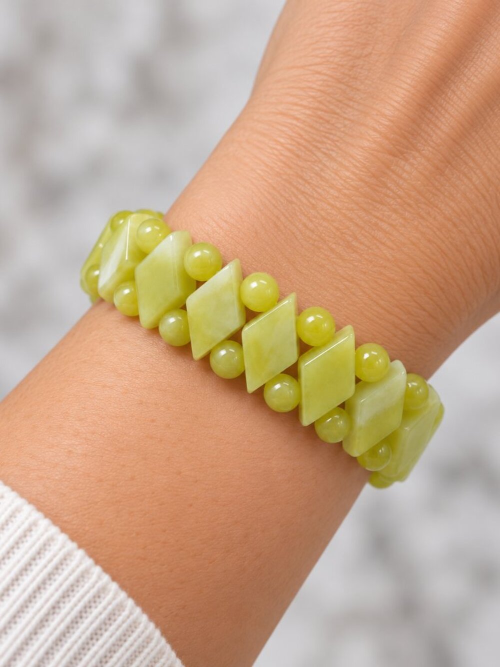 Natural Stone LEMON JADE Diamond-Shaped Beaded Stretch Bracelet